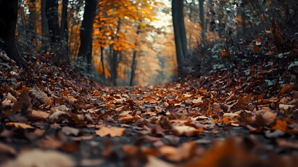 A serene forest pathway adorned with autumn leaves in vibrant orange hues.
