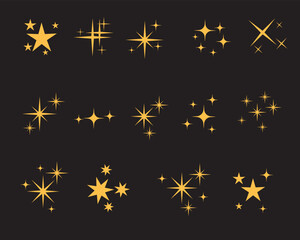 Sparkles stars, Shiny magic Christmas effect, twinkle sparkle star silhouette, tattoo design, glitter group set Vector gold.