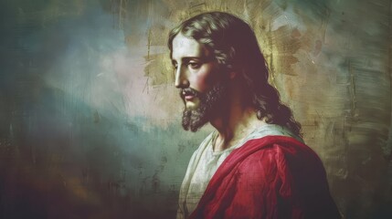 Fototapeta premium A serene portrait of a figure resembling Jesus, featuring a side profile with flowing hair and a thoughtful expression, dressed in a white garment and red robe, set against a soft abstract background.