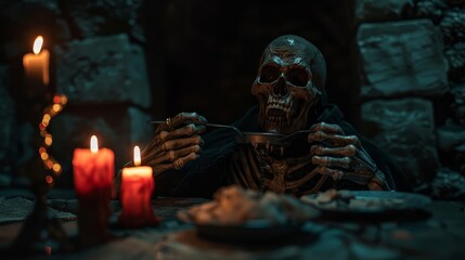 Fototapeta premium A skeleton sits at a dimly lit table in a crypt, holding a spoon amid flickering red candles. gothic scene evokes themes of mortality and dark fantasy, perfect for Halloween.