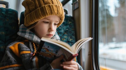 Student holding and reading a book during a bus journey, with a horizontal frame showcasing their involvement and tranquility.