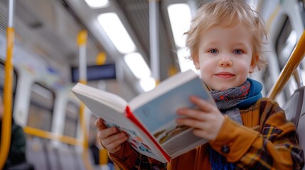 Horizontal portrait of a child engrossed in a book during a train journey, emphasizing their peaceful and focused moment