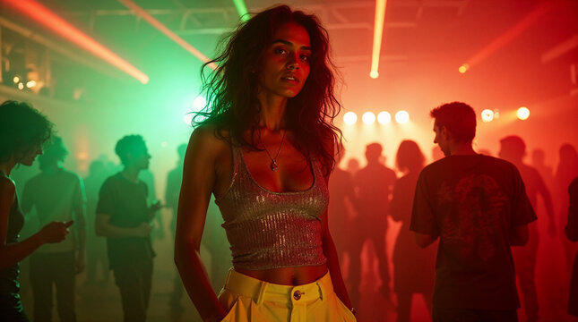 In a lively party atmosphere, a young Indian female model stands confidently amidst colorful lights, radiating energy with her stylish attire and expressive pose