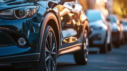 modern car parked in an outdoor lot close-up view symbolizing used car sales automotive dealership services and vehicle rental opportunities in the automotive industry