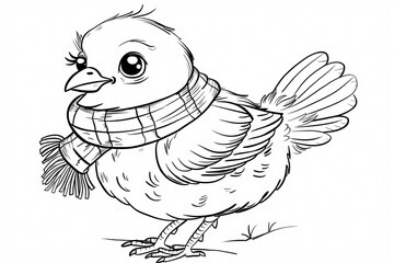 Obraz premium A cute cartoon bird with big eyes wearing a cozy scarf, ready for winter adventures. Perfect for coloring!