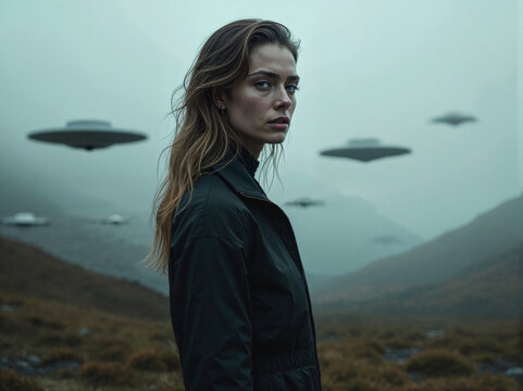 A mysterious woman gazes into the distance, surrounded by a hazy landscape as unidentified flying objects loom above. The atmosphere is charged with intrigue and darkness