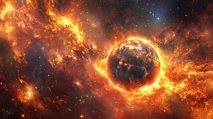 Naklejka premium A fiery Earth ablaze with cosmic flames, spinning through a galaxy filled with glowing stars and swirling gas