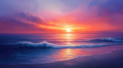 Fototapeta premium A sunset over the ocean, with the sky painted in shades of pink, orange, and purple, and waves gently lapping at the shore