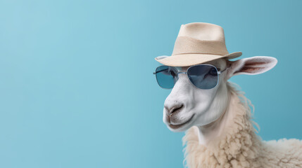 Fototapeta premium Sheep with sunglasses against a blue background For Eid adha Mubarak