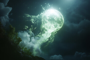 A ghostly and transparent planet Earth with an ethereal presence radiates a mystical glow