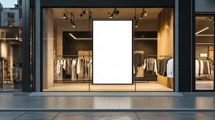 clothing store entrance with blank billboard ready for advertisement and mockup use ideal for showcasing fashion promotions and retail branding concepts
