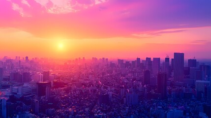 Stunning sunset over a vibrant city skyline in hues of purple and pink.