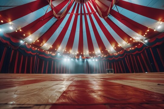 A vintage circus tent interior showcases a vivid red and white striped canopy with glowing lights. Bold striped wooden floors and soft beams illuminate the inviting stage, perfect for performances.