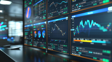 Multiple monitors displaying financial data charts and graphs.
