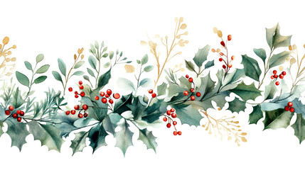 A beautiful Christmas greenery illustration featuring holly leaves, red berries, and delicate white flowers in a festive, seamless border