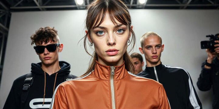 A captivating glimpse into the creative process of a couture fashion show, showcasing models in striking sporty outfits, full of charisma and style