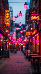 A bustling city street at night, illuminated by colorful string lights and neon signs.  The vibrant atmosphere creates a sense of energy and excitement.