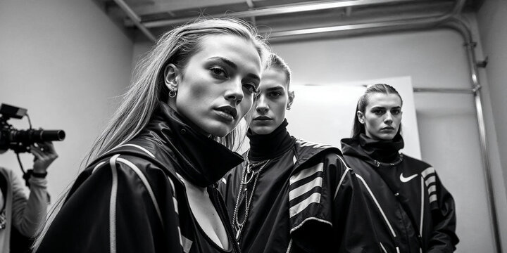 A trio of models stands poised behind the scenes, exuding confidence in their cutting-edge sportswear. The atmosphere buzzes with creative energy and artistic flair