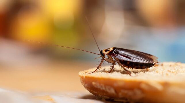 Close-up of a cockroach eating a piece of bread.