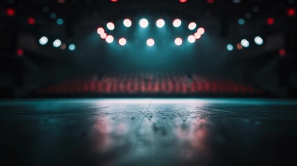 Naklejka premium A dark stage with spotlights illuminating the empty floor. The stage is ready for a performance.