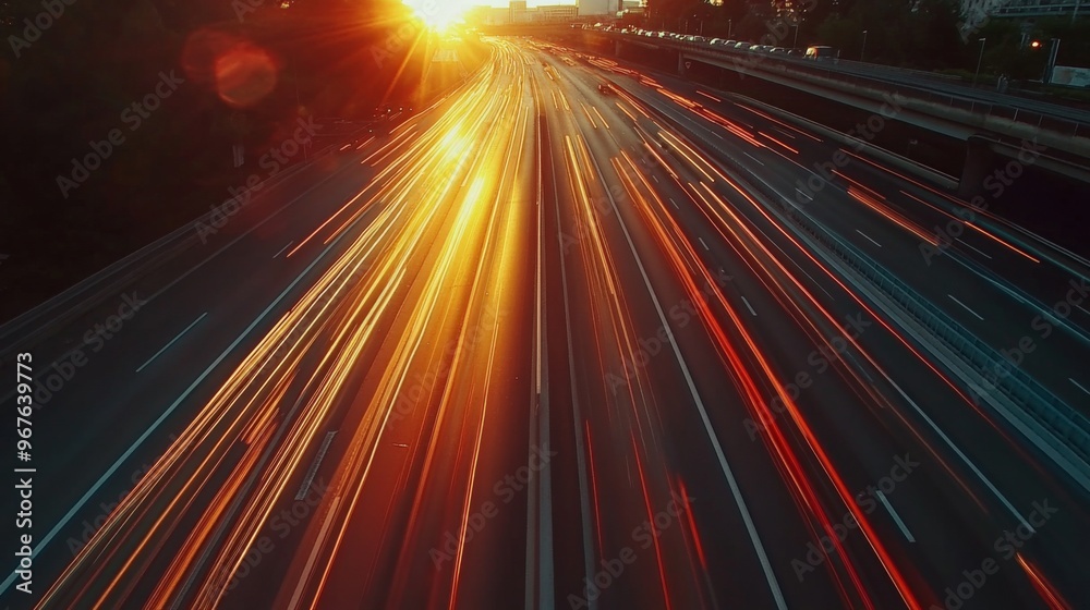 Poster a sunset shot of an expressway with dynamic light trails from moving cars, highlighting the speed an