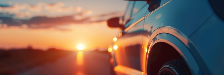 Closeup of a car driving into the sunset.