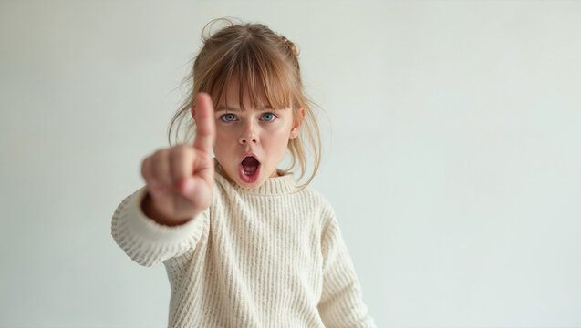 A spirited girl raises her finger in a commanding gesture, her eyes filled with intensity, set against a minimalistic background that enhances her expression