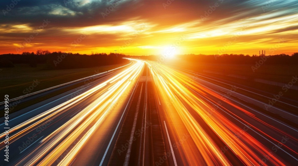 Poster a sunset shot of an expressway with dynamic light trails from moving cars, highlighting the speed an