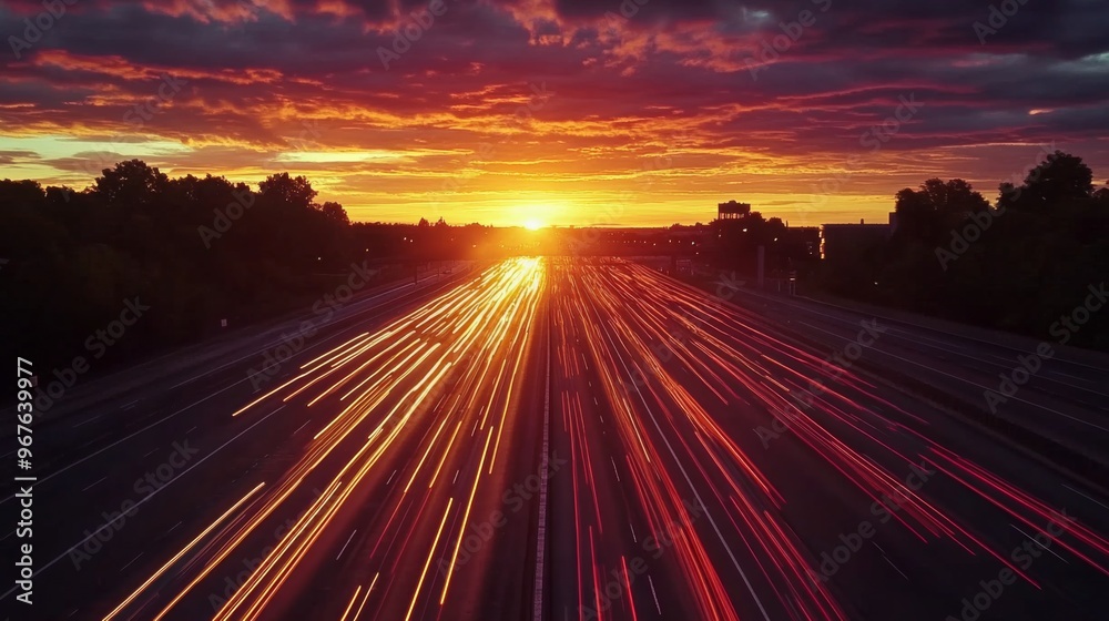 Poster a sunset shot of an expressway with dynamic light trails from moving cars, highlighting the speed an