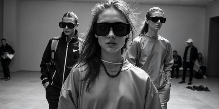 A trio of models dons cutting-edge sportswear with oversized sunglasses, exuding confidence and style in a minimalist urban setting. The atmosphere radiates high-fashion energy