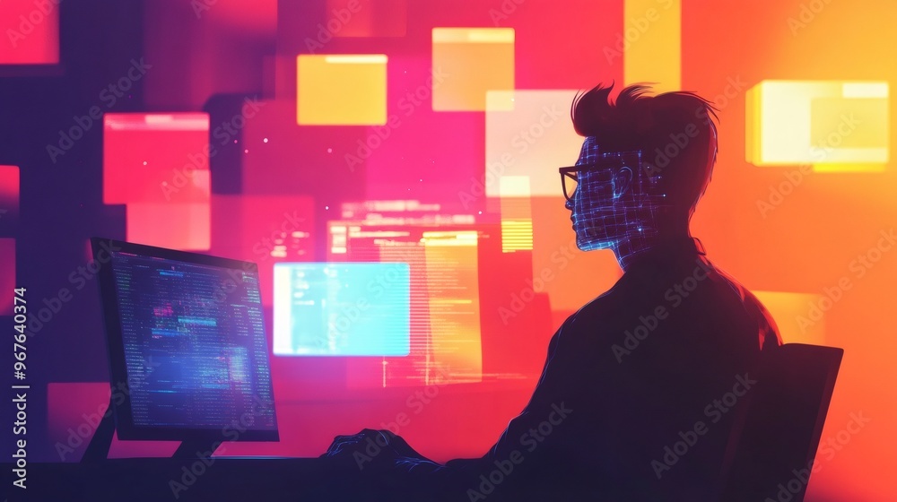 Wall mural a person in a dark silhouette sits at a desk, looking at a computer screen filled with code. their f