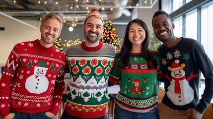 Four coworkers smiling in festive christmas and new year sweaters at the office, embodying unity and team spirit. Joyful and diverse, they spread holiday cheer