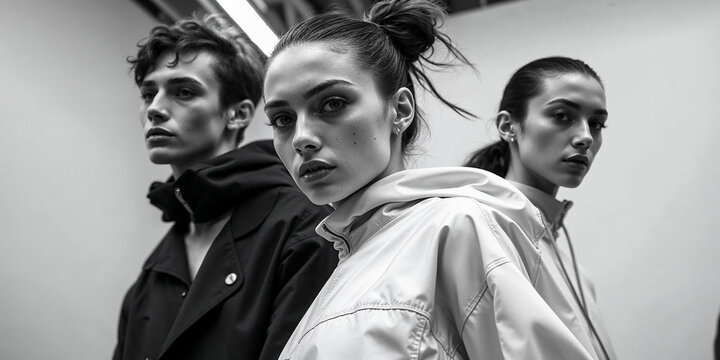 In a minimalist setting, three models present dynamic postures, clad in avant-garde sportswear. The atmosphere is charged with creative energy and the anticipation of fashion innovation