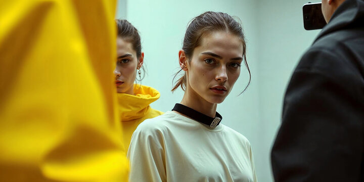 Models showcase innovative high fashion sportswear in an artistic setting, capturing the essence of couture with vibrant colors and captivating expressions while preparations unfold around them