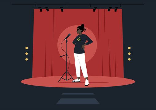 A confident performer stands poised on stage in front of a red curtain, ready to captivate the audience with their voice at a lively evening event - Powered by Adobe