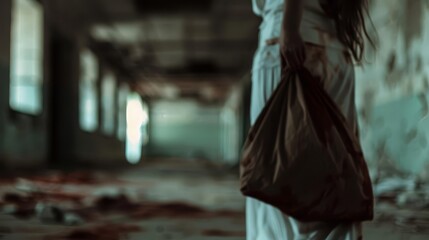 Naklejka premium Woman in white dress holding a bag in a derelict building.