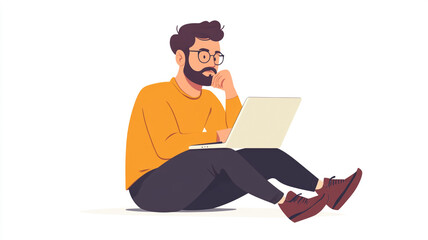 A man sits on the floor engaged in focused work on his laptop in a cozy indoor space