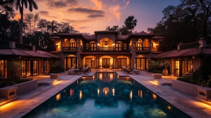 Fototapeta premium Luxury villa with pool and sunset sky at dusk.
