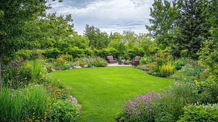 Naklejka premium Generous garden with ample green space, flowers, and seating areas, emphasizing the spacious and lush environment