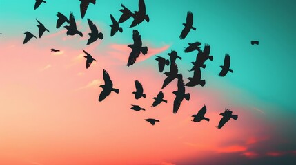 Silhouettes of birds flying in a vibrant sunset sky.