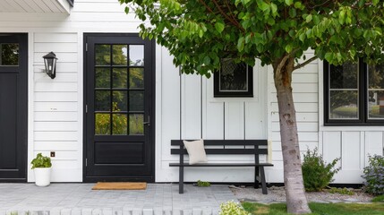 Modern farmhouse front porch with black door, bench, and tree.