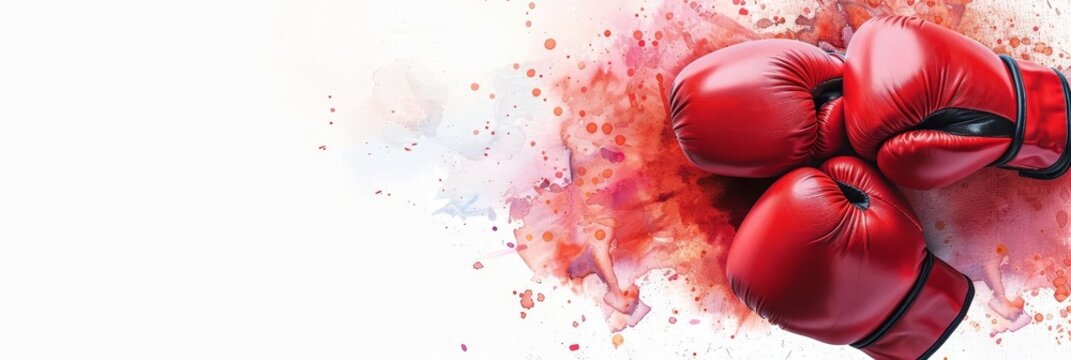 Red boxing gloves with watercolor splatters on white background.