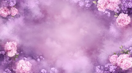 This artwork features an abstract pink floral backdrop layered with soft smoke, complemented by a delicate border of flowers and foliage in a tranquil, bohemian style