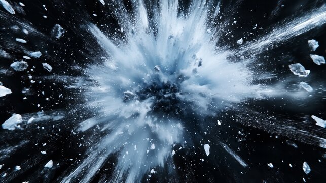 powerful explosion of ice with rays and splashes in blue tones on a black background