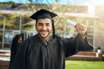 Portrait, happy and man with award for graduation, knowledge and excited for new opportunity....