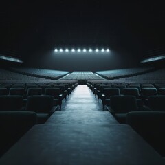 Fototapeta premium Empty theater with stage lights illuminating the walkway. The seats are dark and the atmosphere is expectant.
