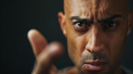 Close-up portrait of a man with a serious expression, pointing his finger at the camera.