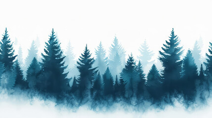 Obraz premium Watercolor painting of a forest with blue trees and fog.