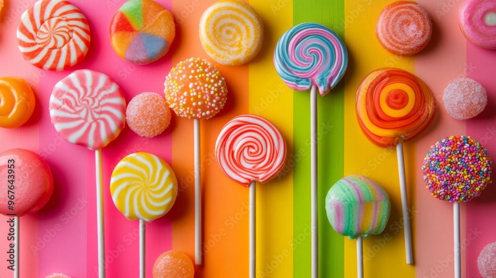 Poster a vibrant array of colorful lollipops arranged on a bright, cheerful background, showcasing a variet