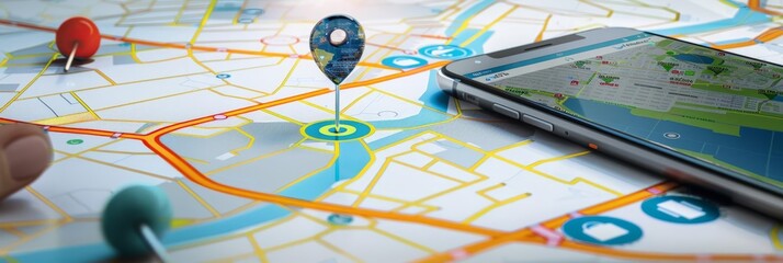Geofencing and location-based marketing concept with a digital map, location pin, and mobile device